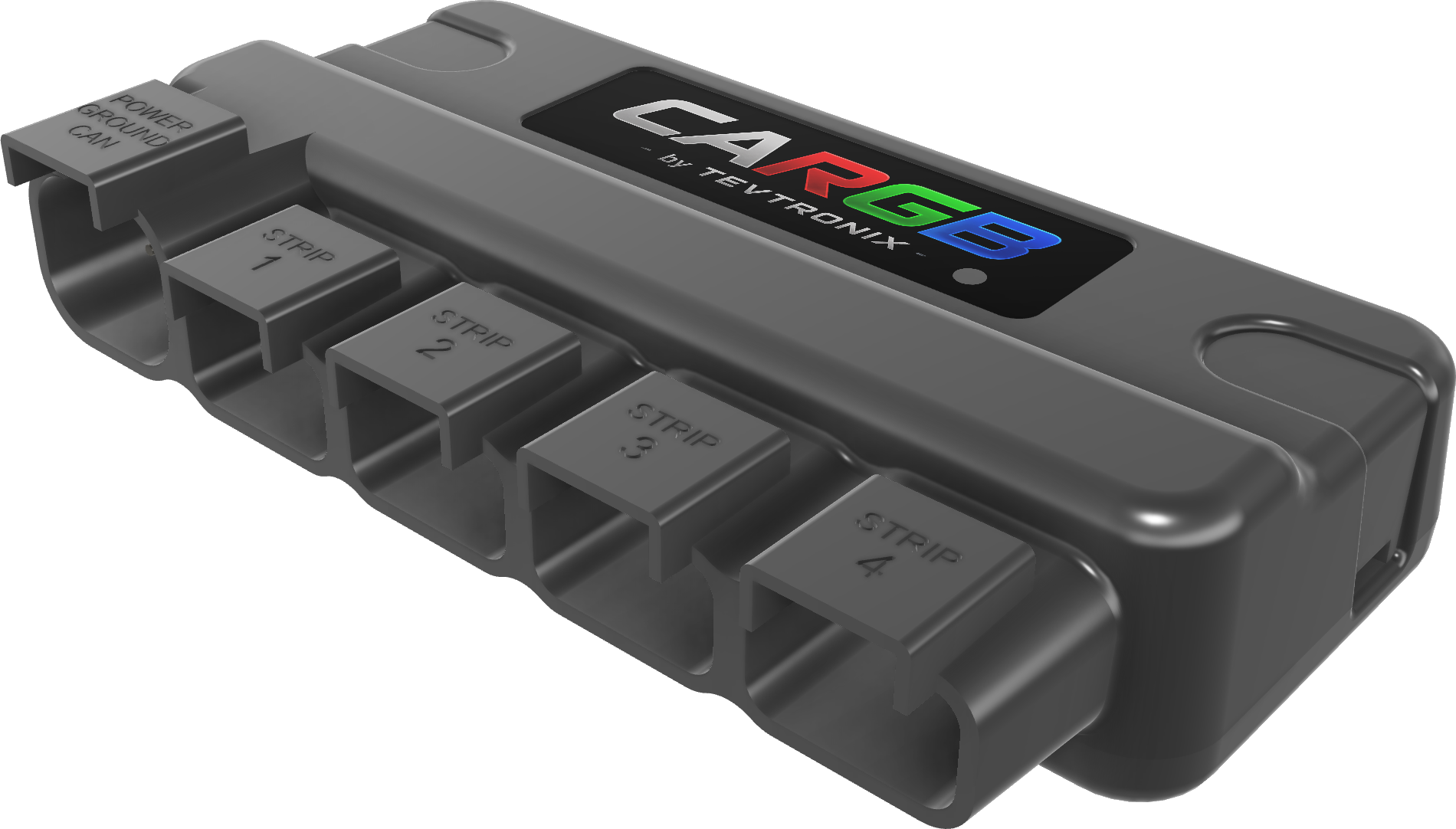The CARGB controller: a sealed case with the product label on top, a power, ground and CAN connector beside four LED strip connectors in two rows, and a USB-C port.